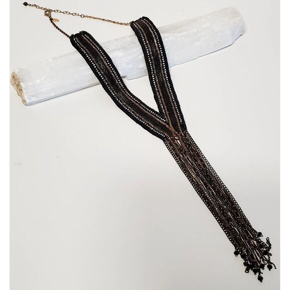 Chico's Miesha Necklace Fringe Bead Silver Gold Beads Collar Statement Y Pendant - Picture 6 of 11